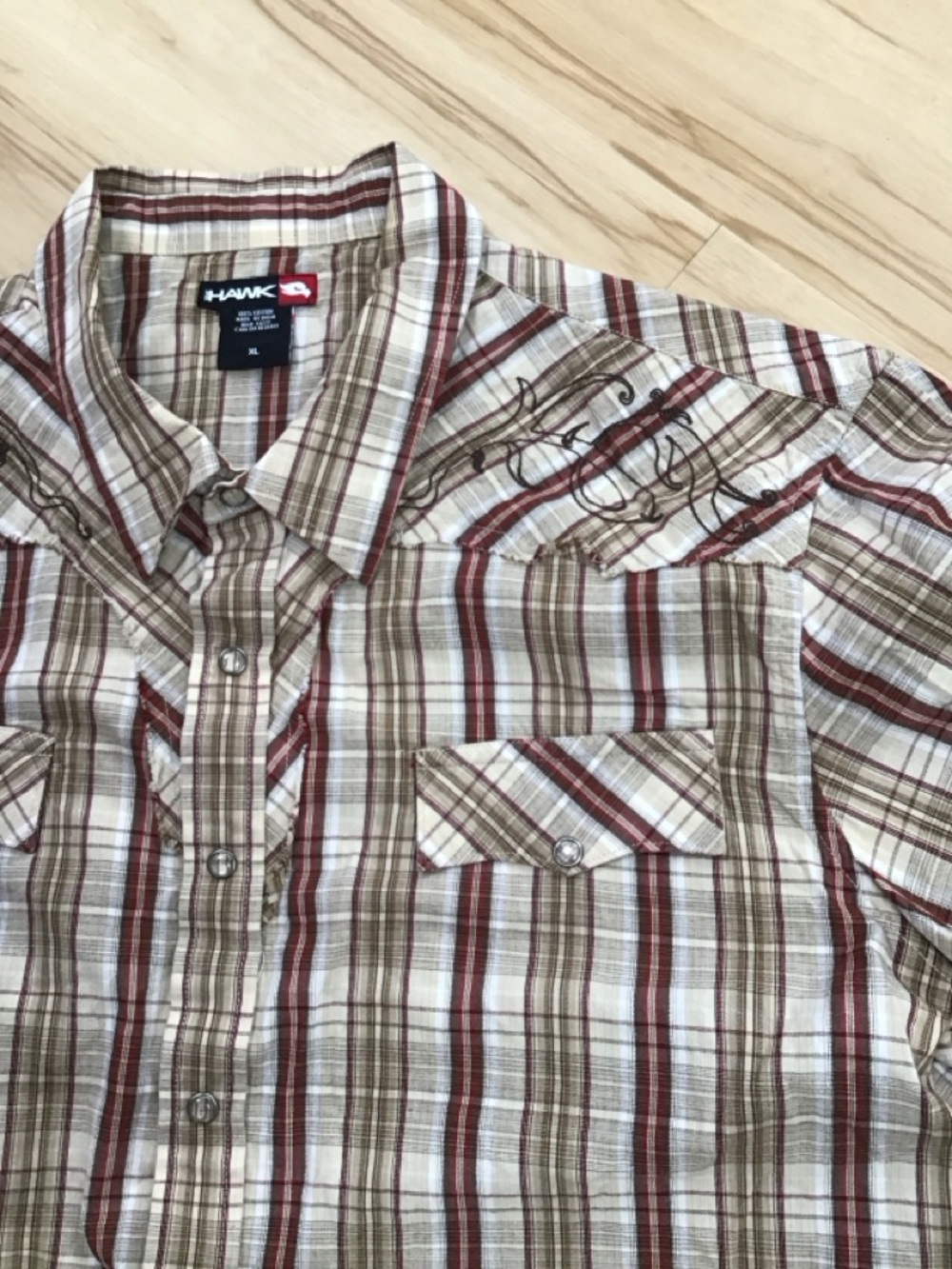 90’s Hawk Men's Brown Plaid Pearl Button Fringe Embroidered Western Shirt XL - Picture 1 of 10